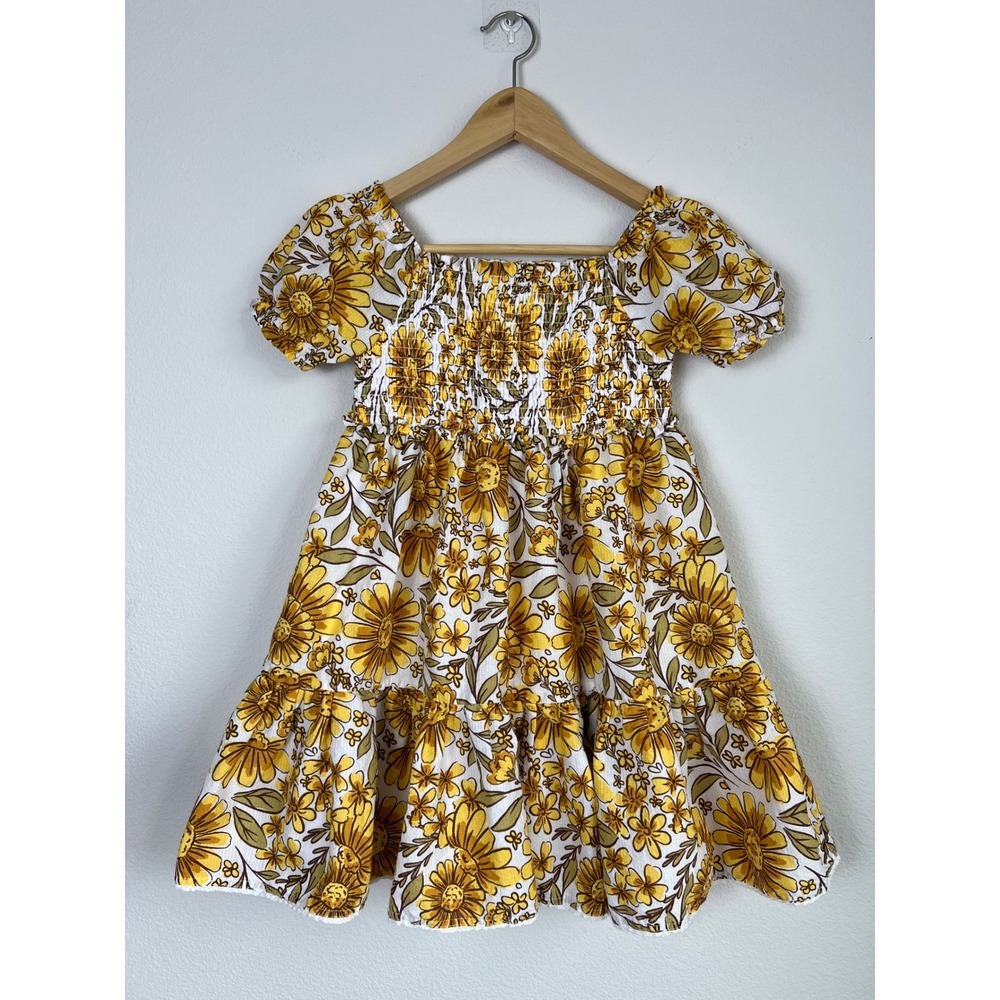 EttaVee Girls Floral Smocked Puff Sleeve Dress Yellow Cotton Size 7 Cottagecore